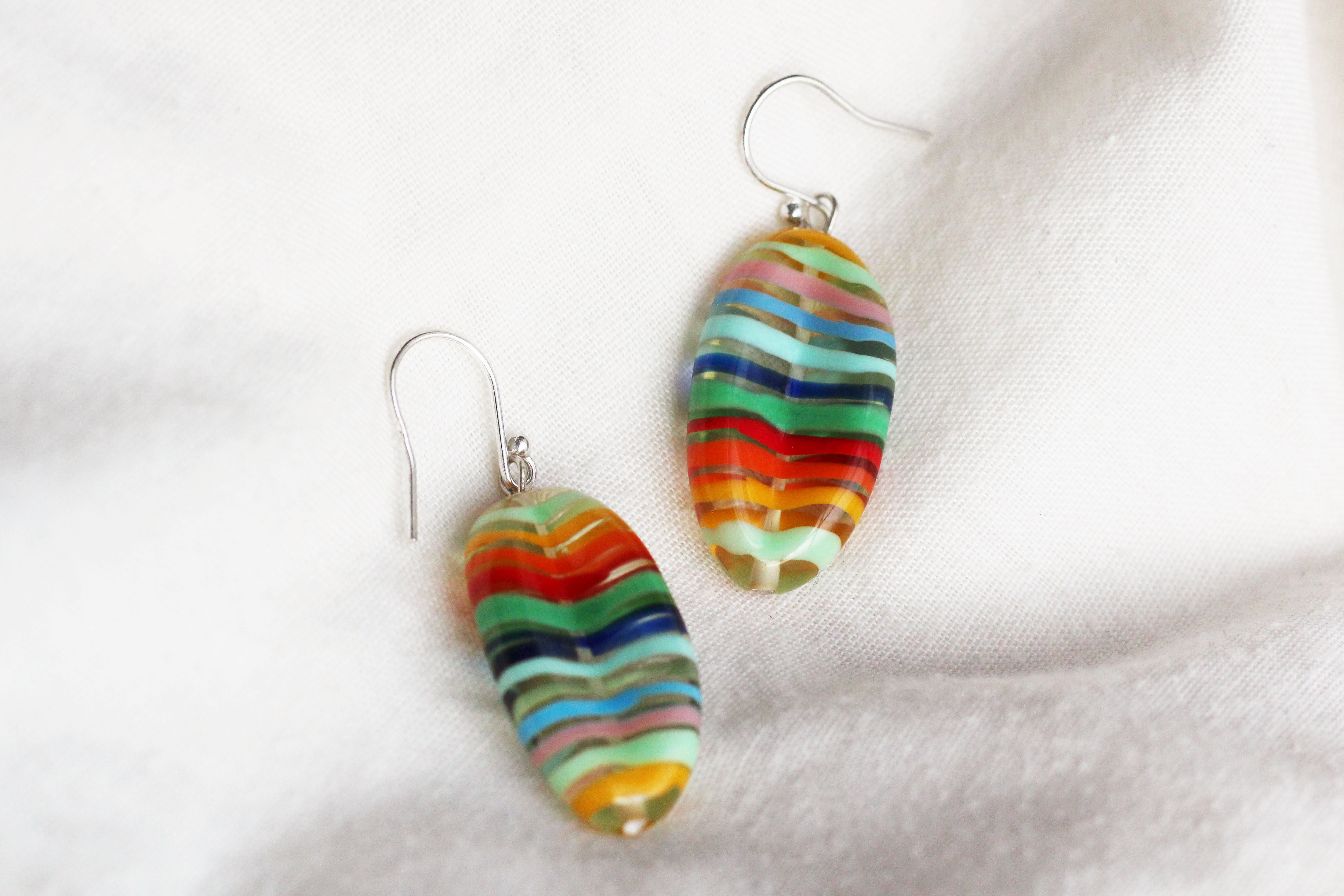 Glass Rainbow Lampwork Bead Earrings (w/ Sterling Silver Hooks